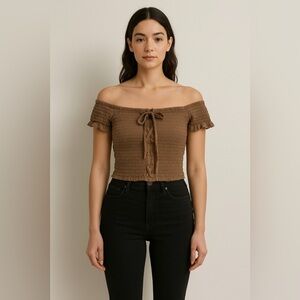 Forever 21 Smocked Off-Shoulder Crop Top – Size S, Taupe, Lace-Up Detail